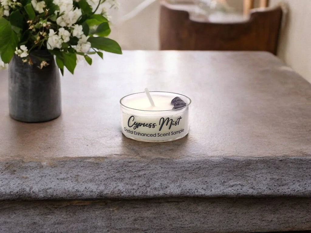 Cypress Mist, Premium Coconut-soy Wax Tea Light Crystal Candle, 1oz, side view - House Of Avana