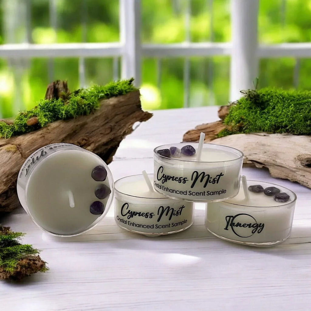 Cypress Mist, Premium Coconut-soy Wax Tea Light Crystal Candle, 1oz, detail shot - House Of Avana
