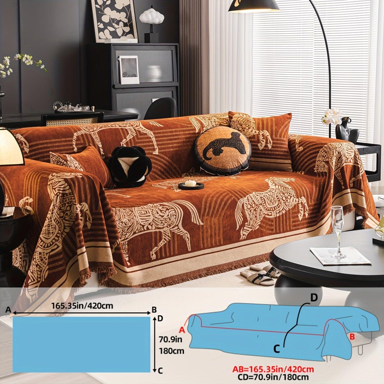 Luxurious Chenille Horse Design Sofa Cover Decor in Orange & Green topspet