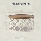 Farmhouse Rustic Round White End Table, Coffee Table, Distressed Tray Top Side Table With Curved Motif Frame Base House Of Avana