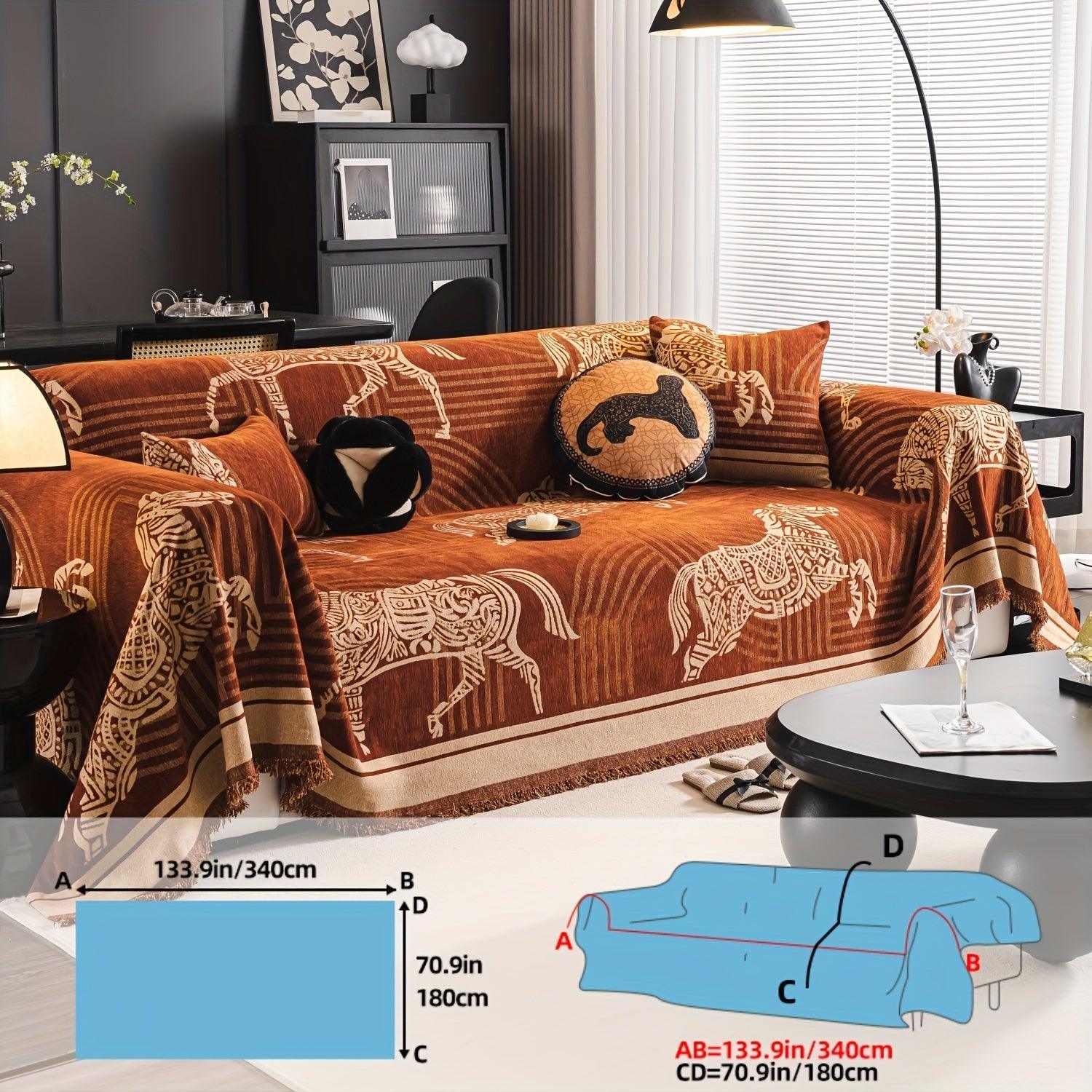 Luxurious Chenille Horse Design Sofa Cover Decor in Orange & Green topspet