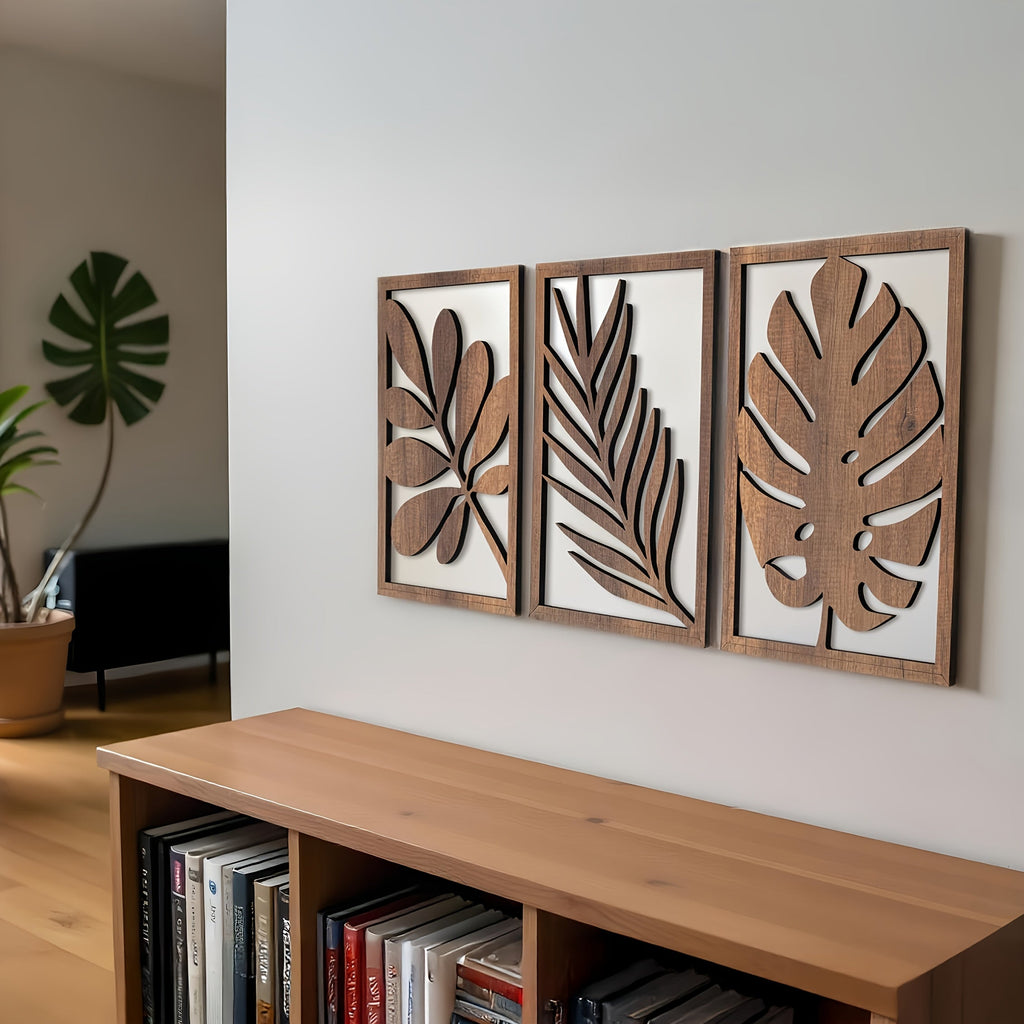2D Flat, Set of 3 Rustic Flat Wall Sculptures - Wooden Turtleback Bamboo Palm Leaves Wall Hanging Decoration, Rectangular Wall Decor Wooden Crafts - Vintage Home Decor Large Leaf Wall Arts for Living Room, Bedroom, and Office House Of Avana