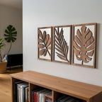 2D Flat, Set of 3 Rustic Flat Wall Sculptures - Wooden Turtleback Bamboo Palm Leaves Wall Hanging Decoration, Rectangular Wall Decor Wooden Crafts - Vintage Home Decor Large Leaf Wall Arts for Living Room, Bedroom, and Office House Of Avana