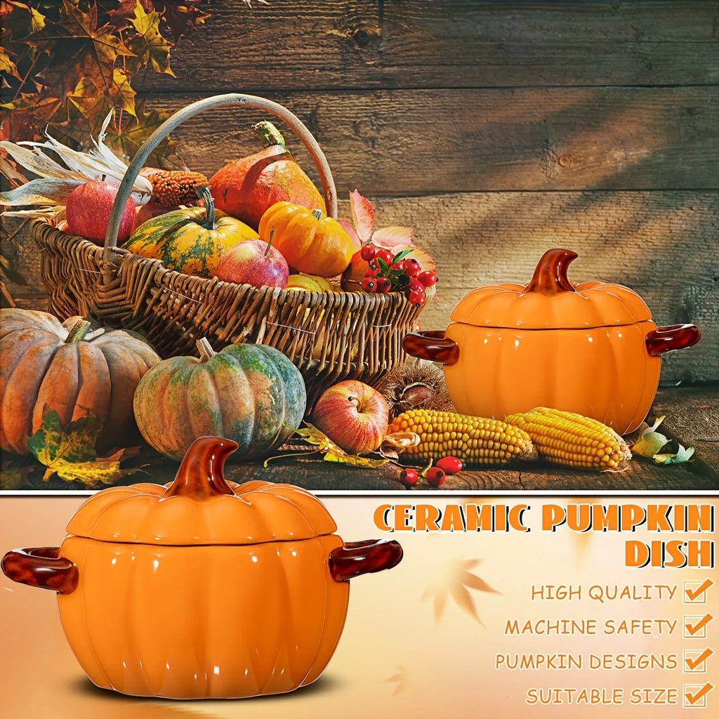 1pc 17oz Ceramic Pumpkin Pot Soup Bowl & Baking Dish with Lid - Double-Ear Handles, Ribbed Design, Vibrant Orange - Oven-Safe Cookware for Halloween, Fall Decor, Casseroles, Soups, Stovetop & Baking, Halloween Table Decor, Fe House Of Avana