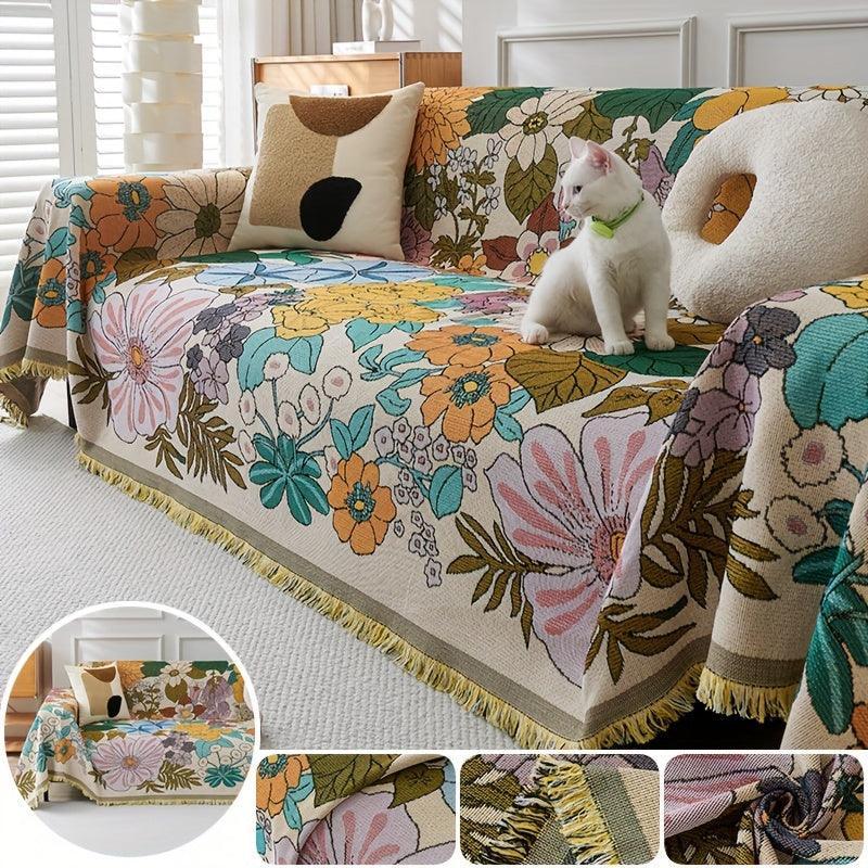 Linen Sofa Cover | Floral Tassel Throw, Pet-Friendly & Non-Slip topspet