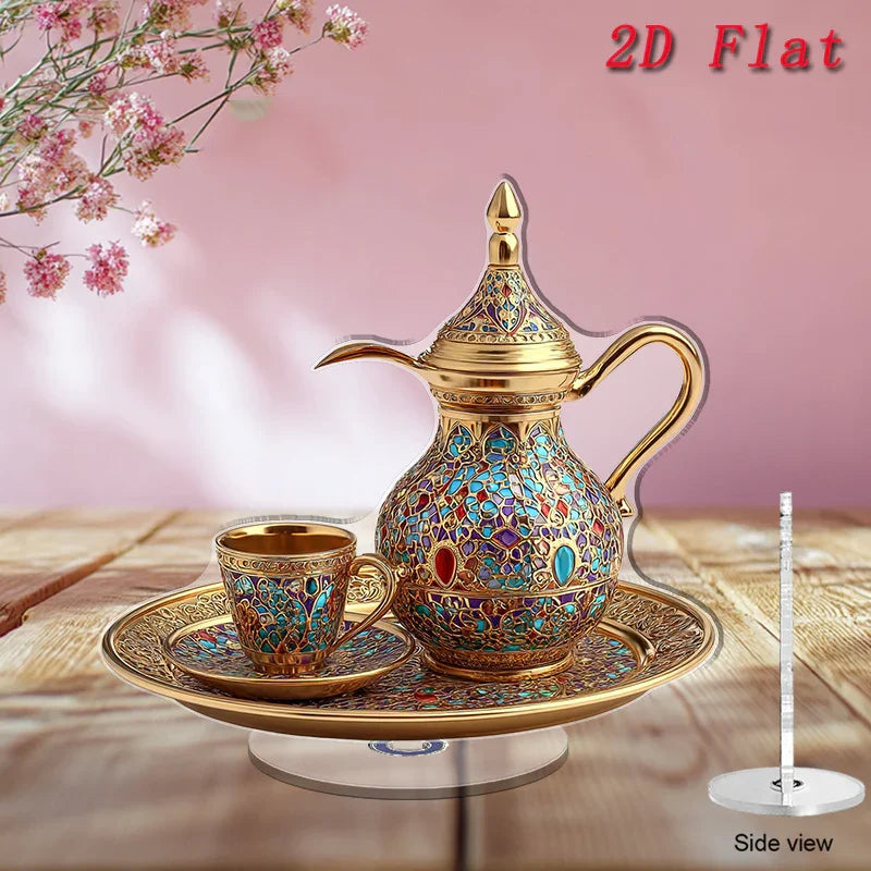 2D Flat Rotating Arabic Pot and Cup Set | Elegant Turkish/Moroccan Style Mosaic Design in Golden and Blue, Includes Tray, Suitable for Home/Office/Cafe, Durable Acrylic for Indoor Use, Ideal for Festive and Daily Decor