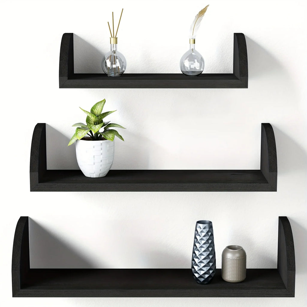 Floating Shelves Wall Mounted, Solid Wood Shelves Wall Bookshelves Set Of 3 For Bedroom, Living Room, Bathroom, Kitchen - Black House Of Avana