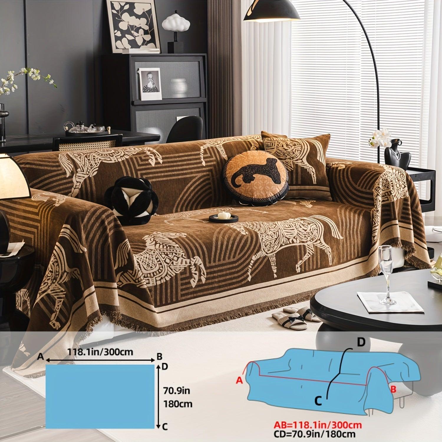 Luxurious Chenille Horse Design Sofa Cover Decor in Orange & Green topspet