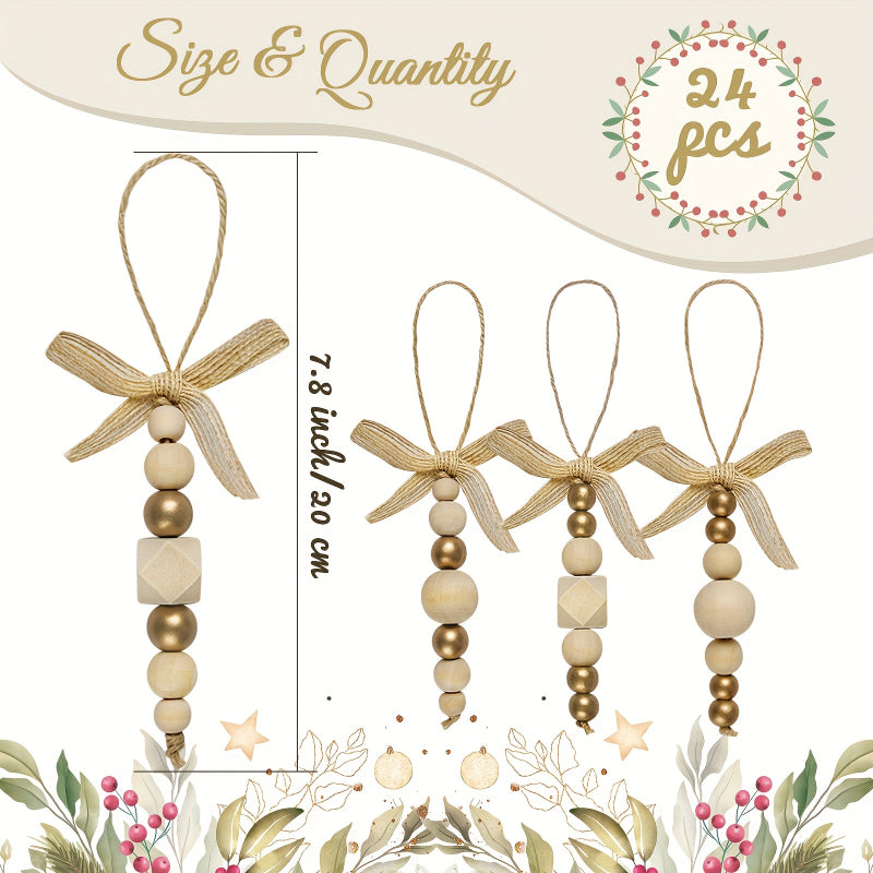 24pcs Bohemian Style Wooden Bead Christmas Tree Ornaments, Natural Wood Beads with Golden Beads and Bows - Farmhouse Style Hanging Decor for Wreaths, Holiday Trees, Floral Arrangements, Wedding Decor Accessories, Vintage Char House Of Avana