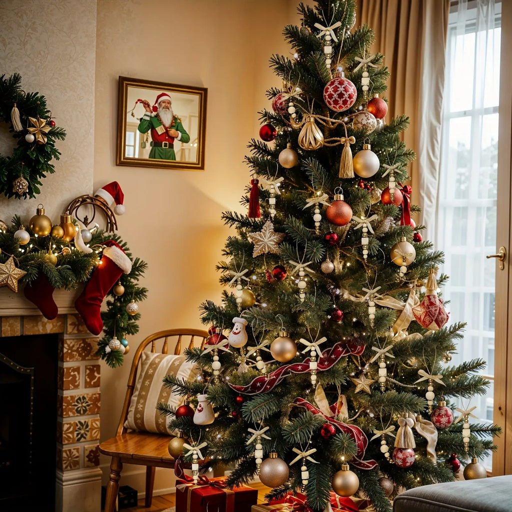 24pcs Bohemian Style Wooden Bead Christmas Tree Ornaments, Natural Wood Beads with Golden Beads and Bows - Farmhouse Style Hanging Decor for Wreaths, Holiday Trees, Floral Arrangements, Wedding Decor Accessories, Vintage Char House Of Avana