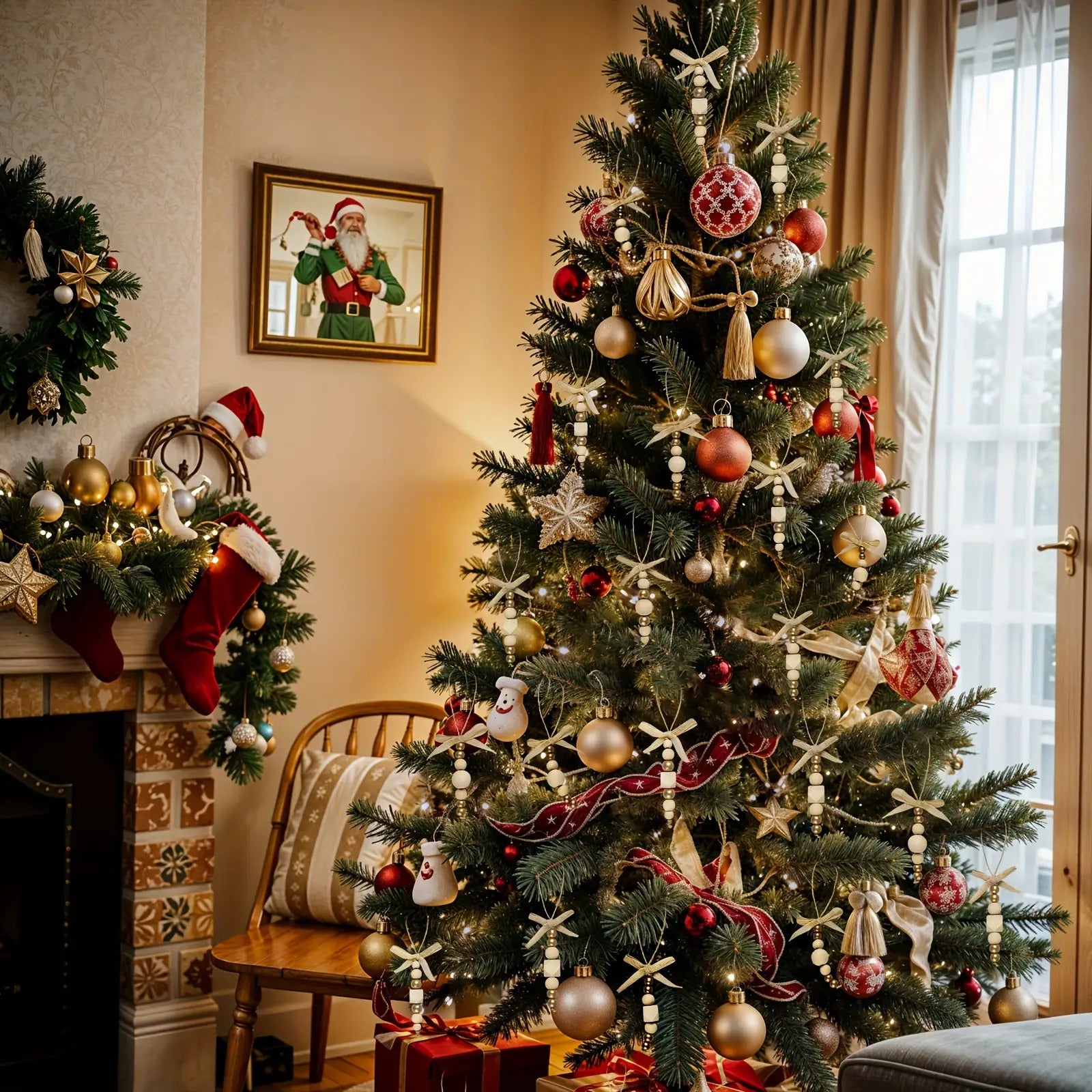 24pcs Bohemian Style Wooden Bead Christmas Tree Ornaments, Natural Wood Beads with Golden Beads and Bows - Farmhouse Style Hanging Decor for Wreaths, Holiday Trees, Floral Arrangements, Wedding Decor Accessories, Vintage Char House Of Avana