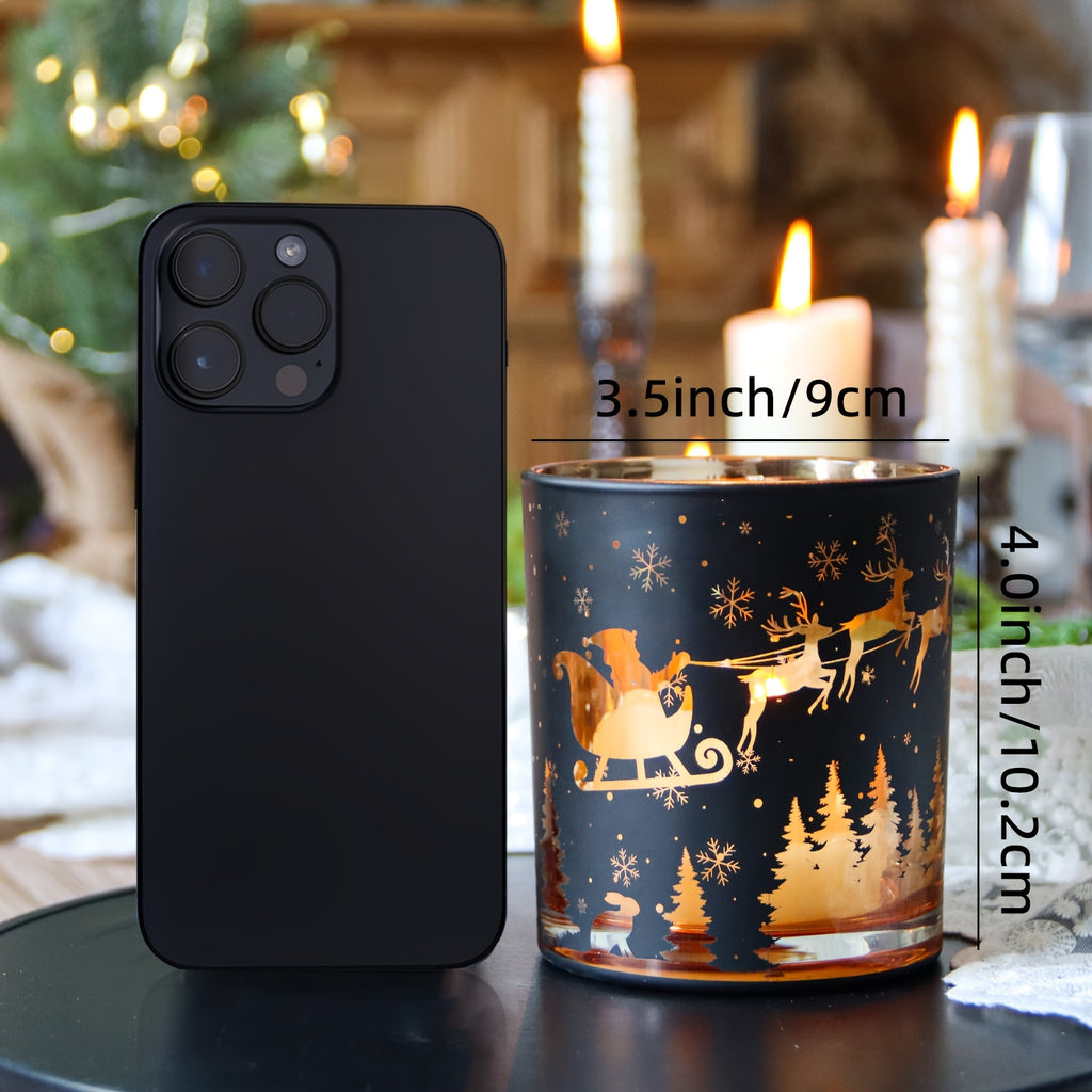 14oz Black Pillar Candle Holder - Vintage Glass Christmas Decor with Reindeer, Tree & Snowflake Designs - Perfect for Holiday Home & Living Room Ambiance House Of Avana