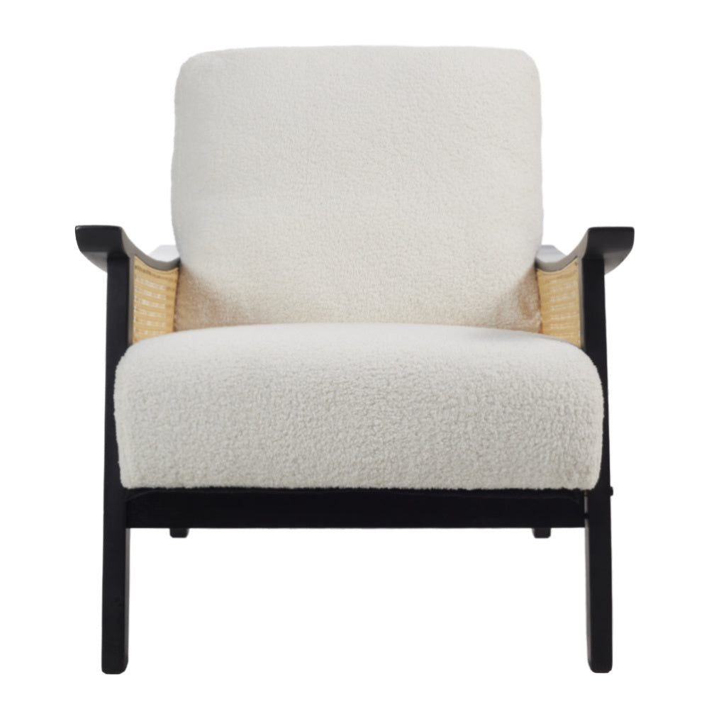 White Single Leisure Sofa, Rattan Decorative Armrest Upholstered Boucle Fabric Wingback Armchair with Padded Seat for Living Room Lounge Sofa Meeting Visitor Chair Cozy Chair for Bedroom Home Office House Of Avana