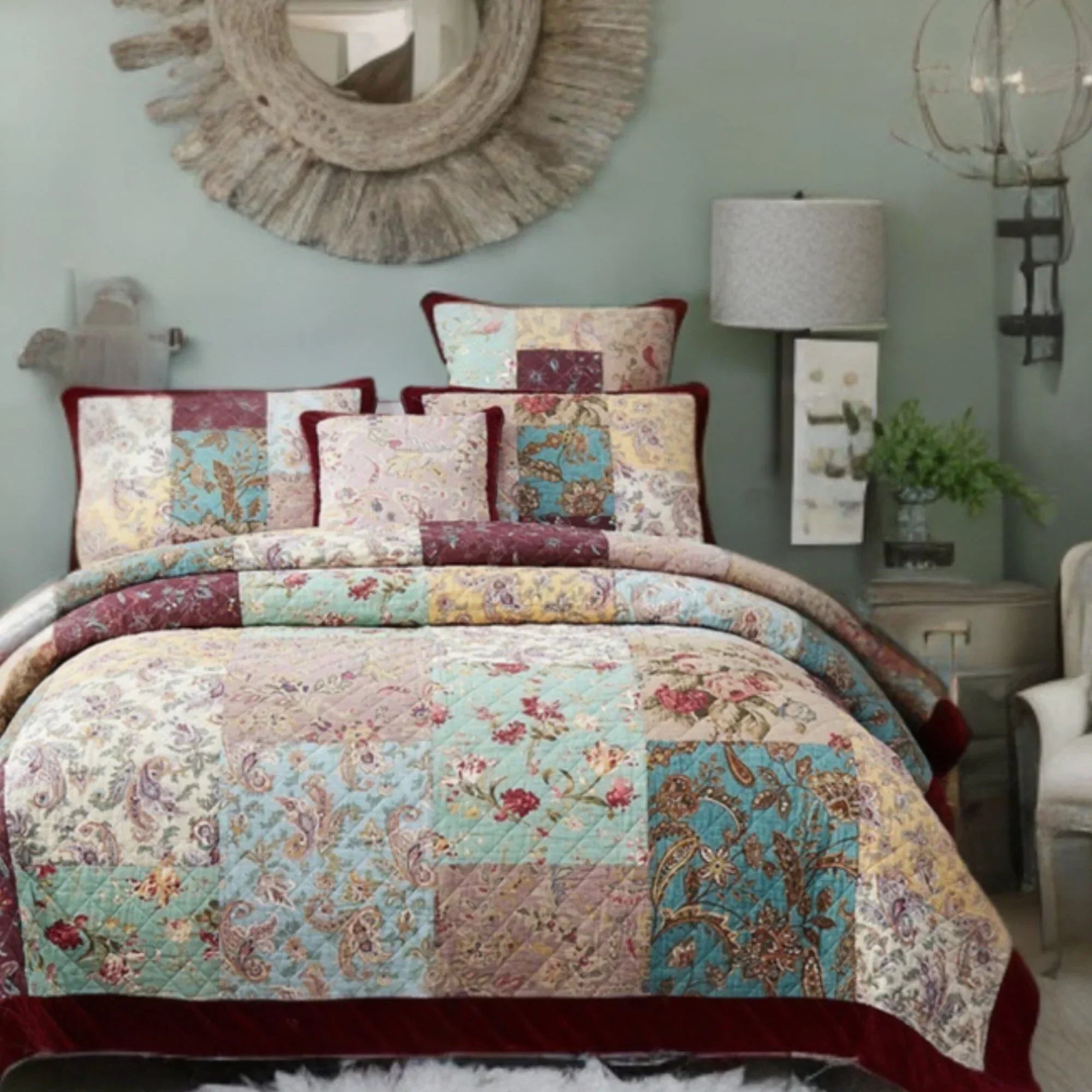 DaDa Bedding Bohemian Burgundy Red Velvet Trim Floral Paisley Patchwork Cotton Bedspread Set (JHW-868) DaDalogy Bedding Collection