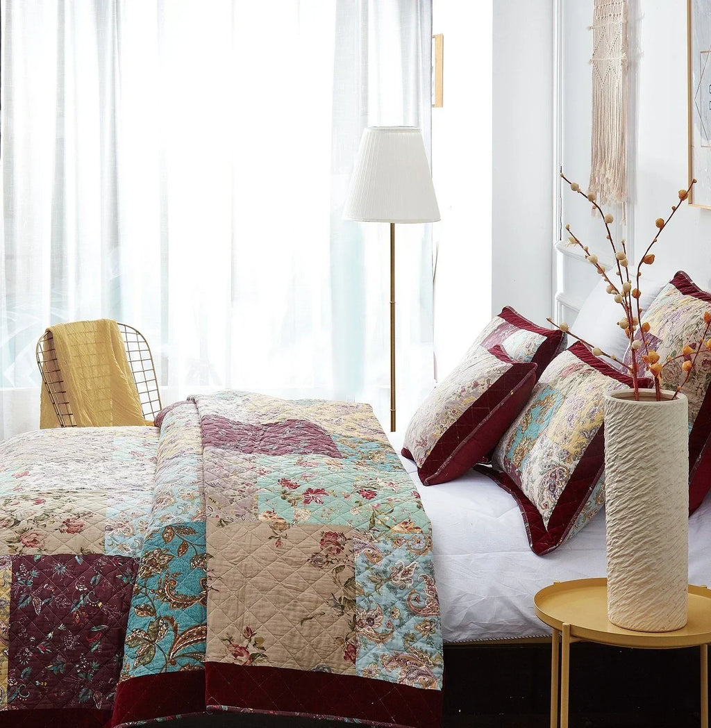 DaDa Bedding Bohemian Burgundy Red Velvet Trim Floral Paisley Patchwork Cotton Bedspread Set (JHW-868) DaDalogy Bedding Collection