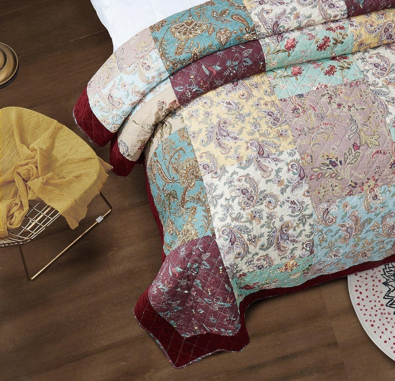 DaDa Bedding Bohemian Burgundy Red Velvet Trim Floral Paisley Patchwork Cotton Bedspread Set (JHW-868) DaDalogy Bedding Collection