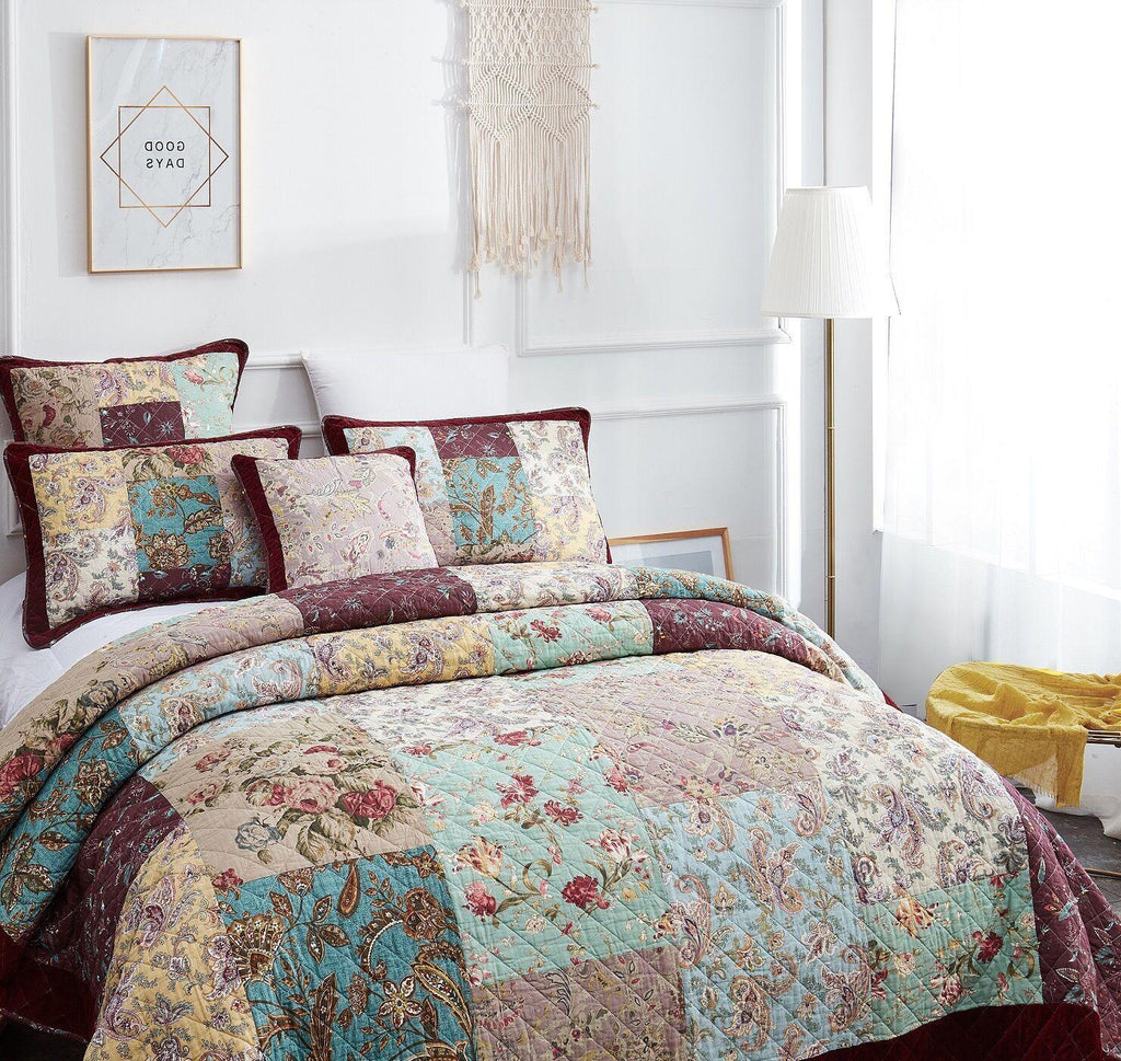DaDa Bedding Bohemian Burgundy Red Velvet Trim Floral Paisley Patchwork Cotton Bedspread Set (JHW-868) DaDalogy Bedding Collection