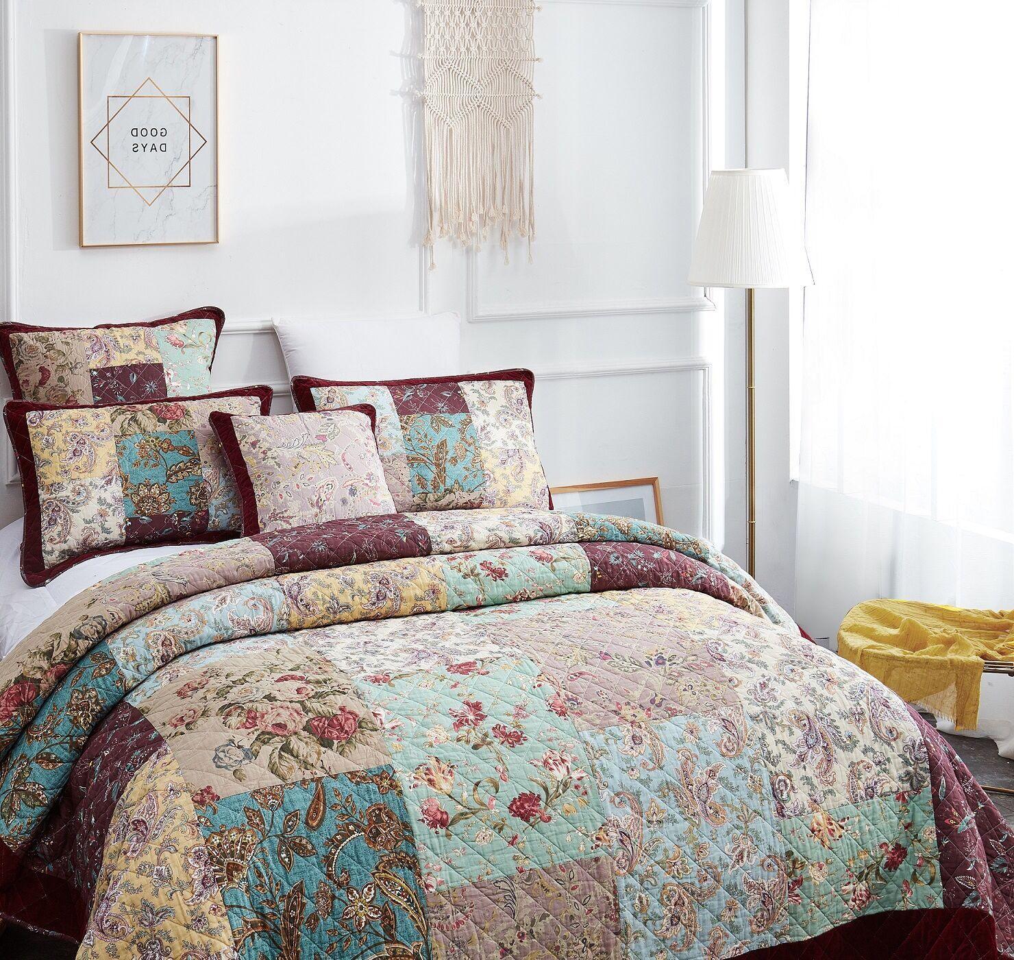 DaDa Bedding Bohemian Burgundy Red Velvet Trim Floral Paisley Patchwork Cotton Bedspread Set (JHW-868) DaDalogy Bedding Collection