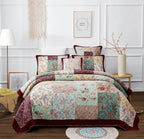 DaDa Bedding Bohemian Burgundy Red Velvet Trim Floral Paisley Patchwork Cotton Bedspread Set (JHW-868) DaDalogy Bedding Collection