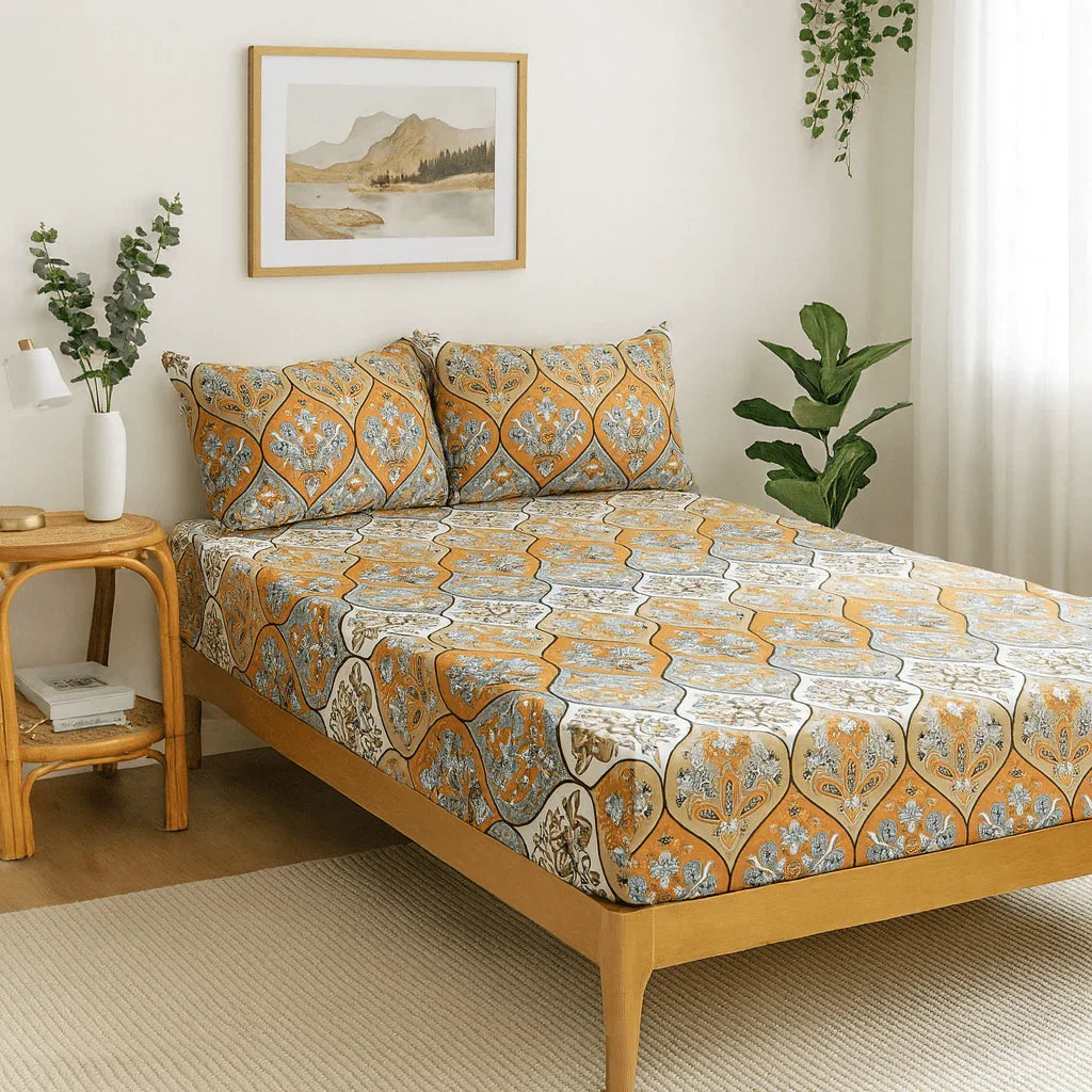 DaDa Bedding Bohemian Fitted Sheet w/Pillow Cases - Coral Teal Floral Paisley Botanical Garden Party - Bright Vibrant Multi-Colorful Blue Salmon Pink DaDalogy Bedding Collection