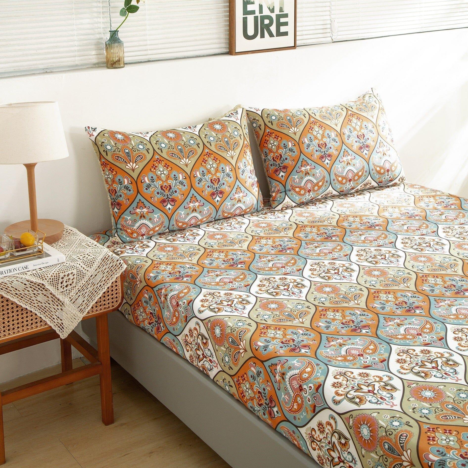DaDa Bedding Bohemian Fitted Sheet w/Pillow Cases - Coral Teal Floral Paisley Botanical Garden Party - Bright Vibrant Multi-Colorful Blue Salmon Pink DaDalogy Bedding Collection