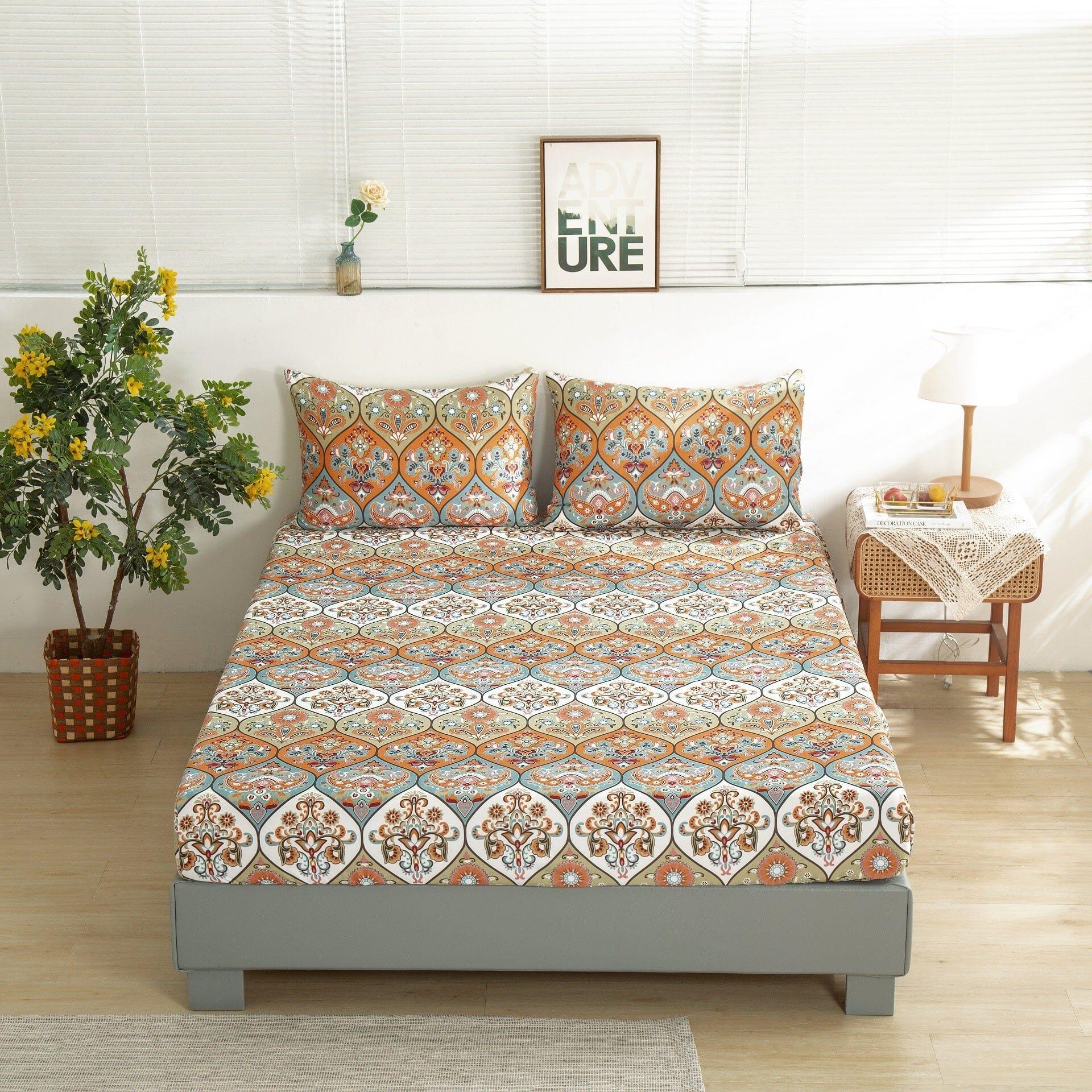 DaDa Bedding Bohemian Fitted Sheet w/Pillow Cases - Coral Teal Floral Paisley Botanical Garden Party - Bright Vibrant Multi-Colorful Blue Salmon Pink DaDalogy Bedding Collection