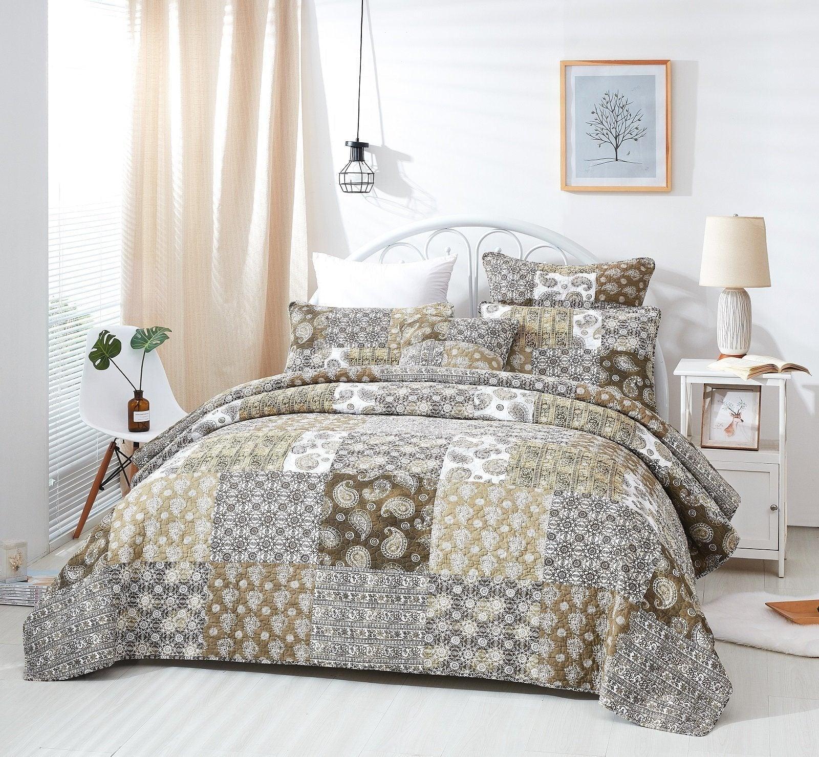 DaDa Bedding Bohemian Olive Brown Moroccan Paisley Floral Filigree Patchwork Cotton Bedspread Set (JHW-885) DaDalogy Bedding Collection