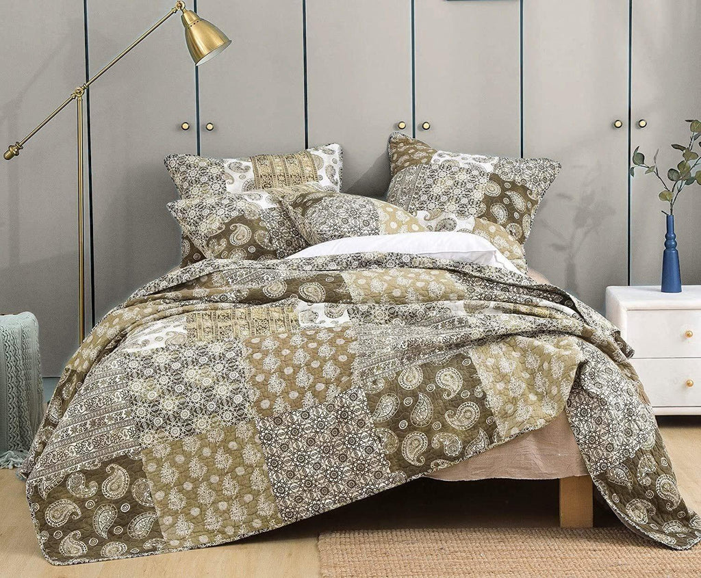 DaDa Bedding Bohemian Olive Brown Moroccan Paisley Floral Filigree Patchwork Cotton Bedspread Set (JHW-885) DaDalogy Bedding Collection