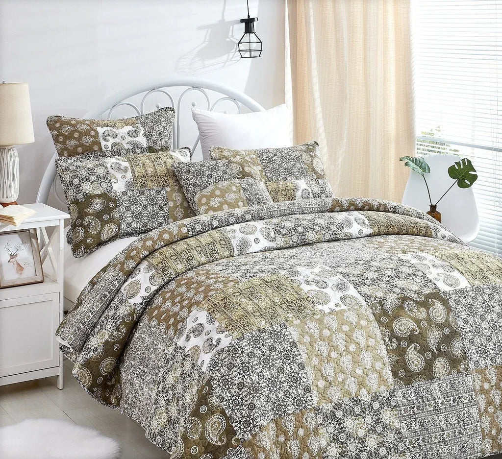 DaDa Bedding Bohemian Olive Brown Moroccan Paisley Floral Filigree Patchwork Cotton Bedspread Set (JHW-885) DaDalogy Bedding Collection