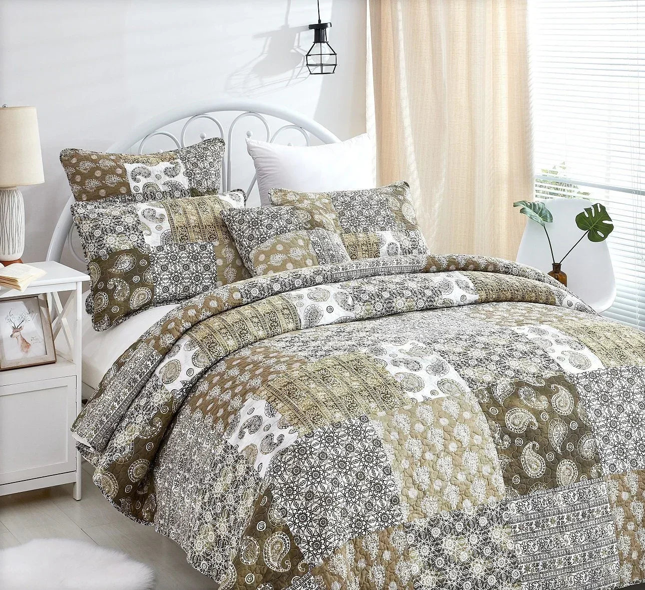 DaDa Bedding Bohemian Olive Brown Moroccan Paisley Floral Filigree Patchwork Cotton Bedspread Set (JHW-885) DaDalogy Bedding Collection