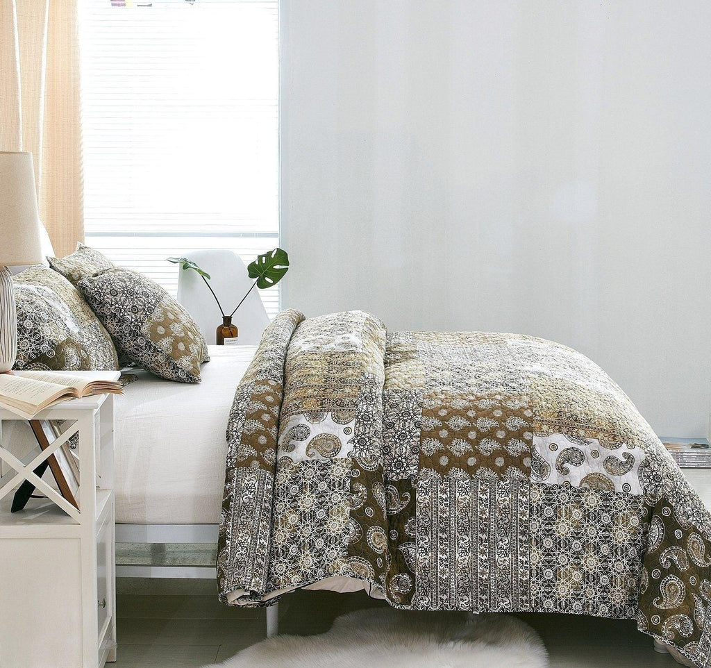 DaDa Bedding Bohemian Olive Brown Moroccan Paisley Floral Filigree Patchwork Cotton Bedspread Set (JHW-885) DaDalogy Bedding Collection