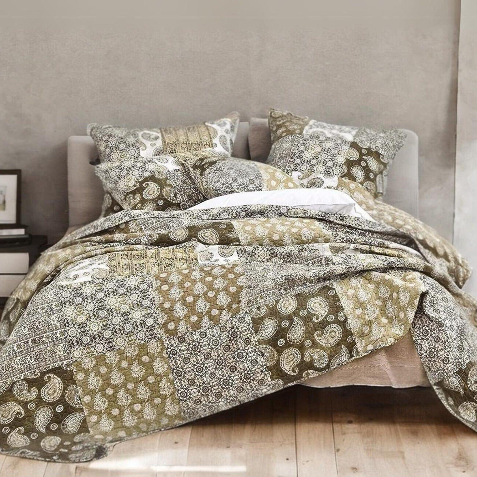 DaDa Bedding Bohemian Olive Brown Moroccan Paisley Floral Filigree Patchwork Cotton Bedspread Set (JHW-885) DaDalogy Bedding Collection