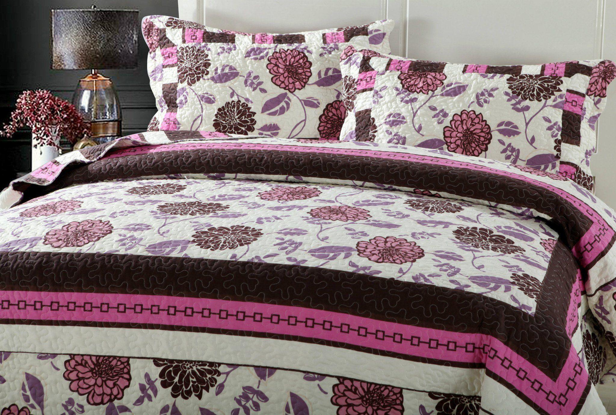 DaDa Bedding Bohemian Purple Blooms Floral Garden Pink Brown Bedspread Set (KBJ1629) DaDalogy Bedding Collection
