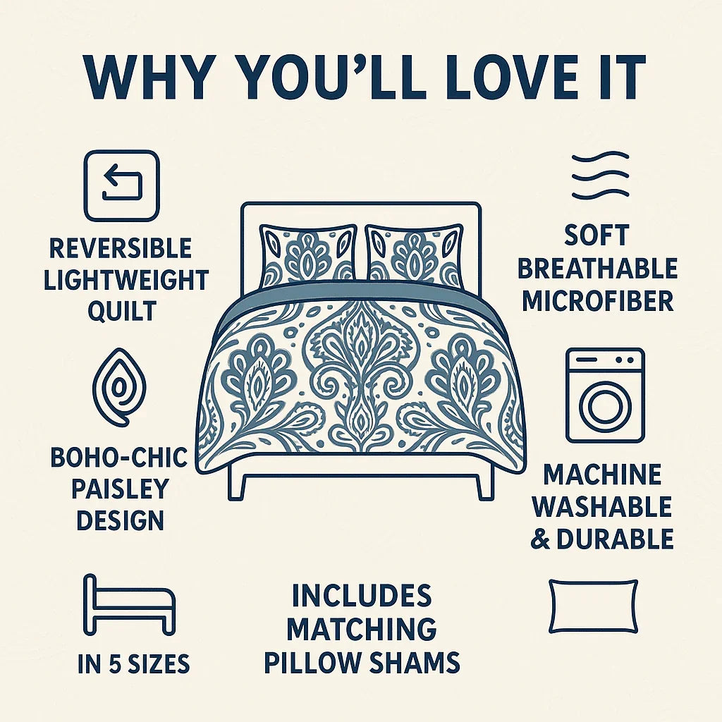 DaDa Bedding Bohemian Summertime White Blue Floral Paisley Bedspread Set (KSX-003) DaDalogy Bedding Collection