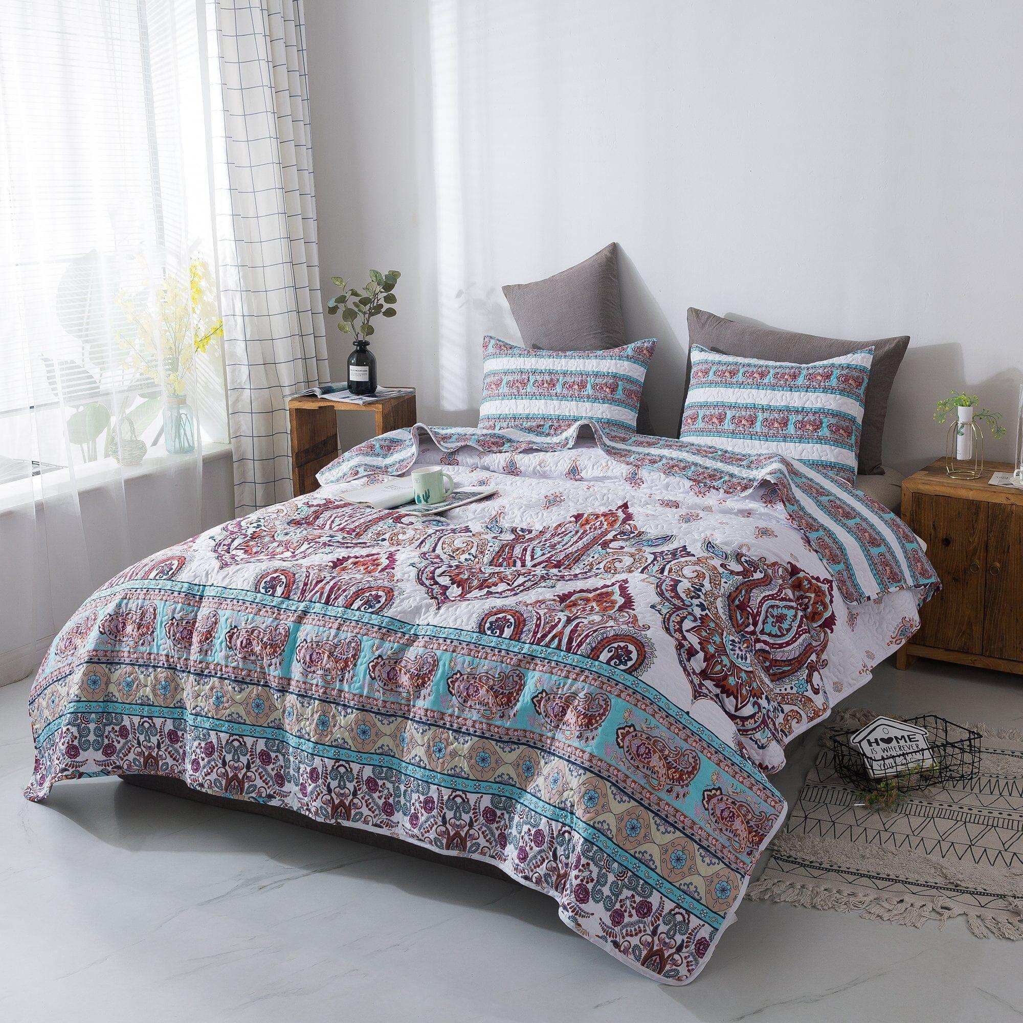 DaDa Bedding Bohemian Summertime White Blue Floral Paisley Bedspread Set (KSX-003) DaDalogy Bedding Collection