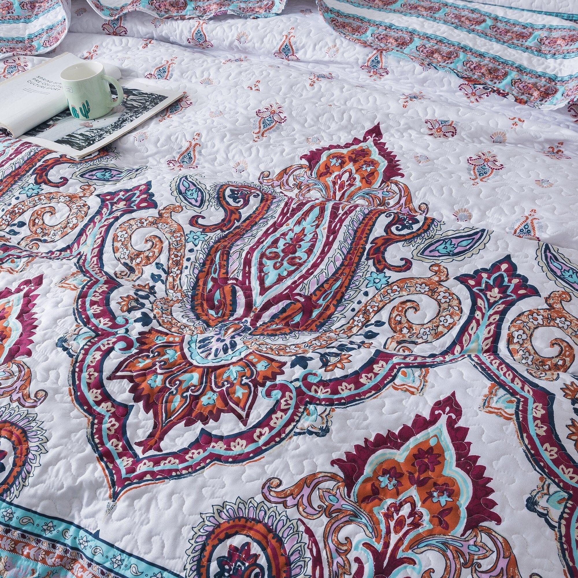 DaDa Bedding Bohemian Summertime White Blue Floral Paisley Bedspread Set (KSX-003) DaDalogy Bedding Collection