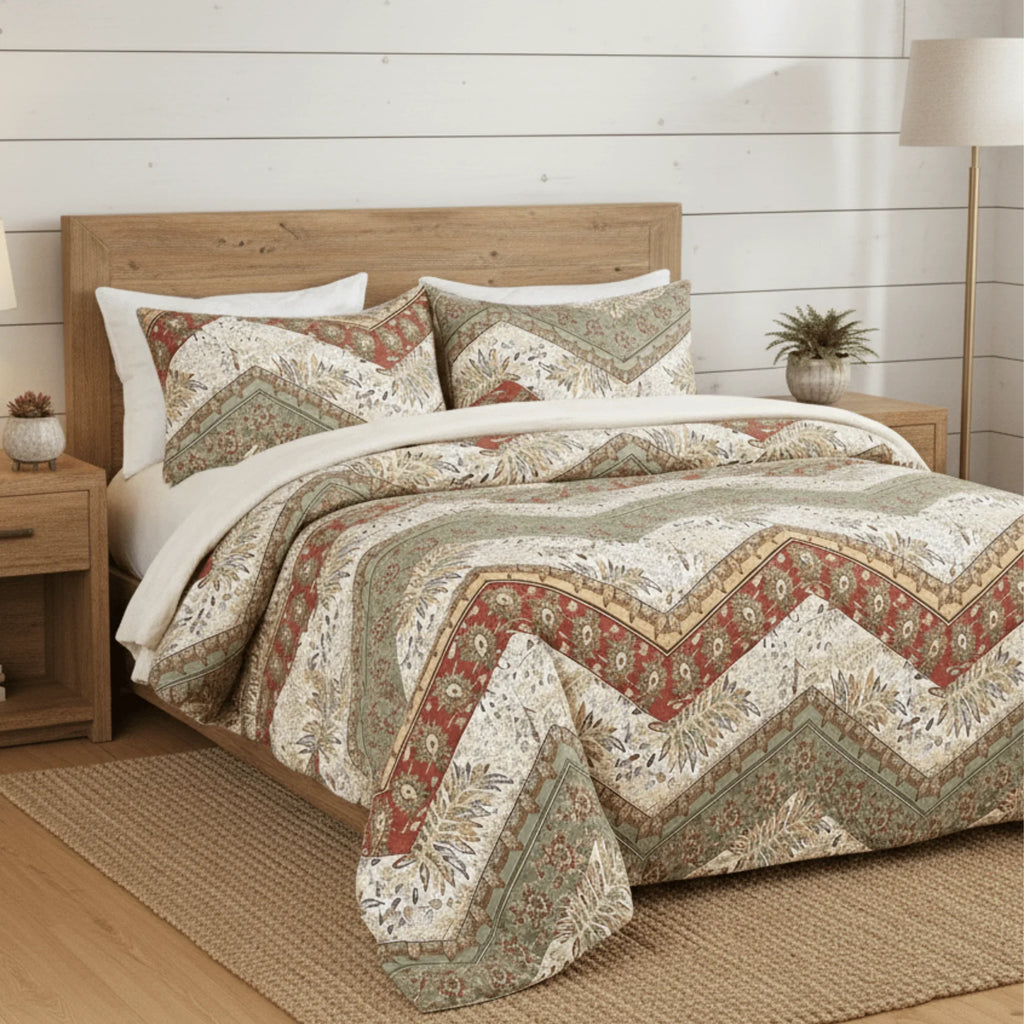 DaDa Bedding Botanical Cranberry Sage Chevron Floral Duvet Cover Set w/ Pillow Cases (JHW-924) DaDalogy Bedding Collection