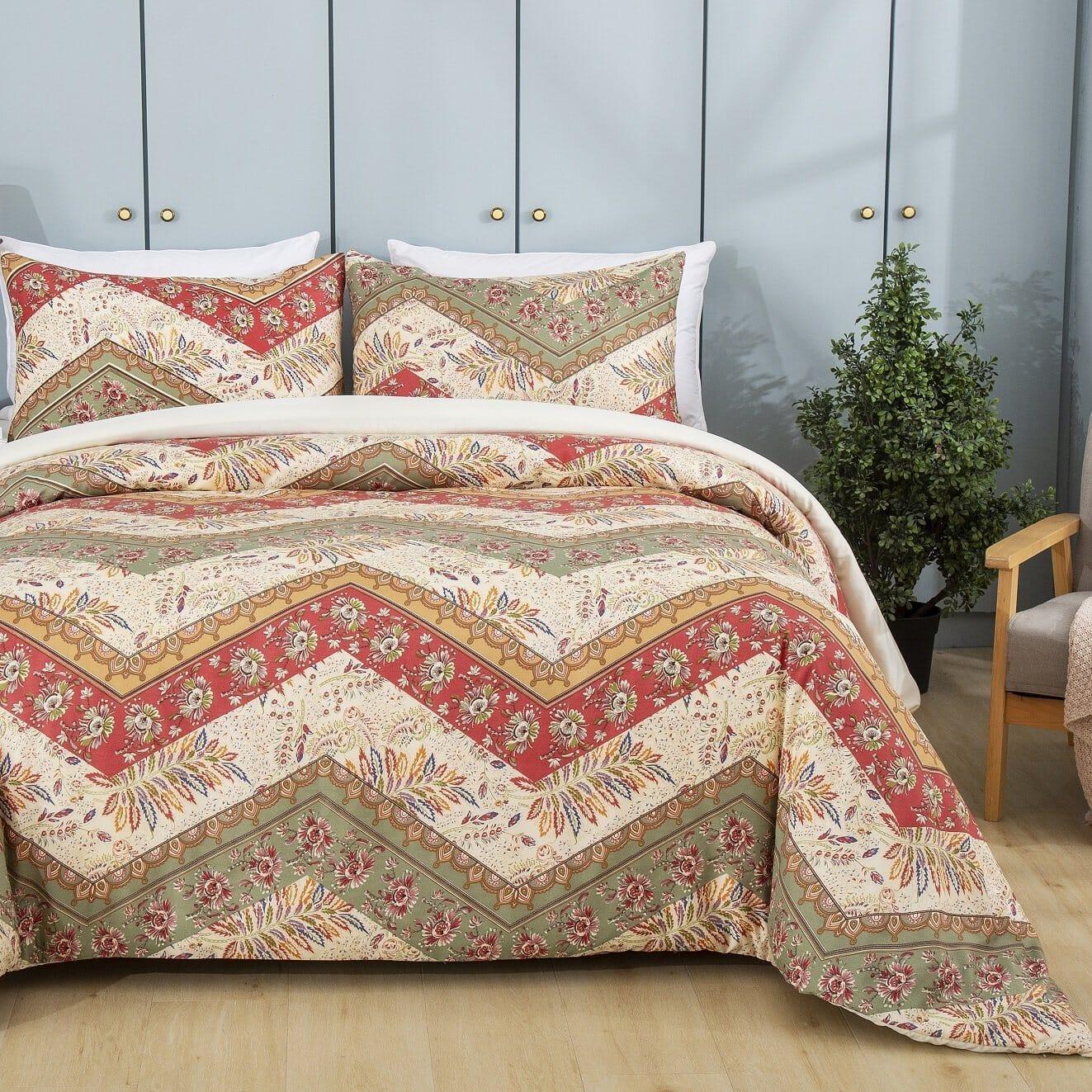 DaDa Bedding Botanical Cranberry Sage Chevron Floral Duvet Cover Set w/ Pillow Cases (JHW-924) DaDalogy Bedding Collection