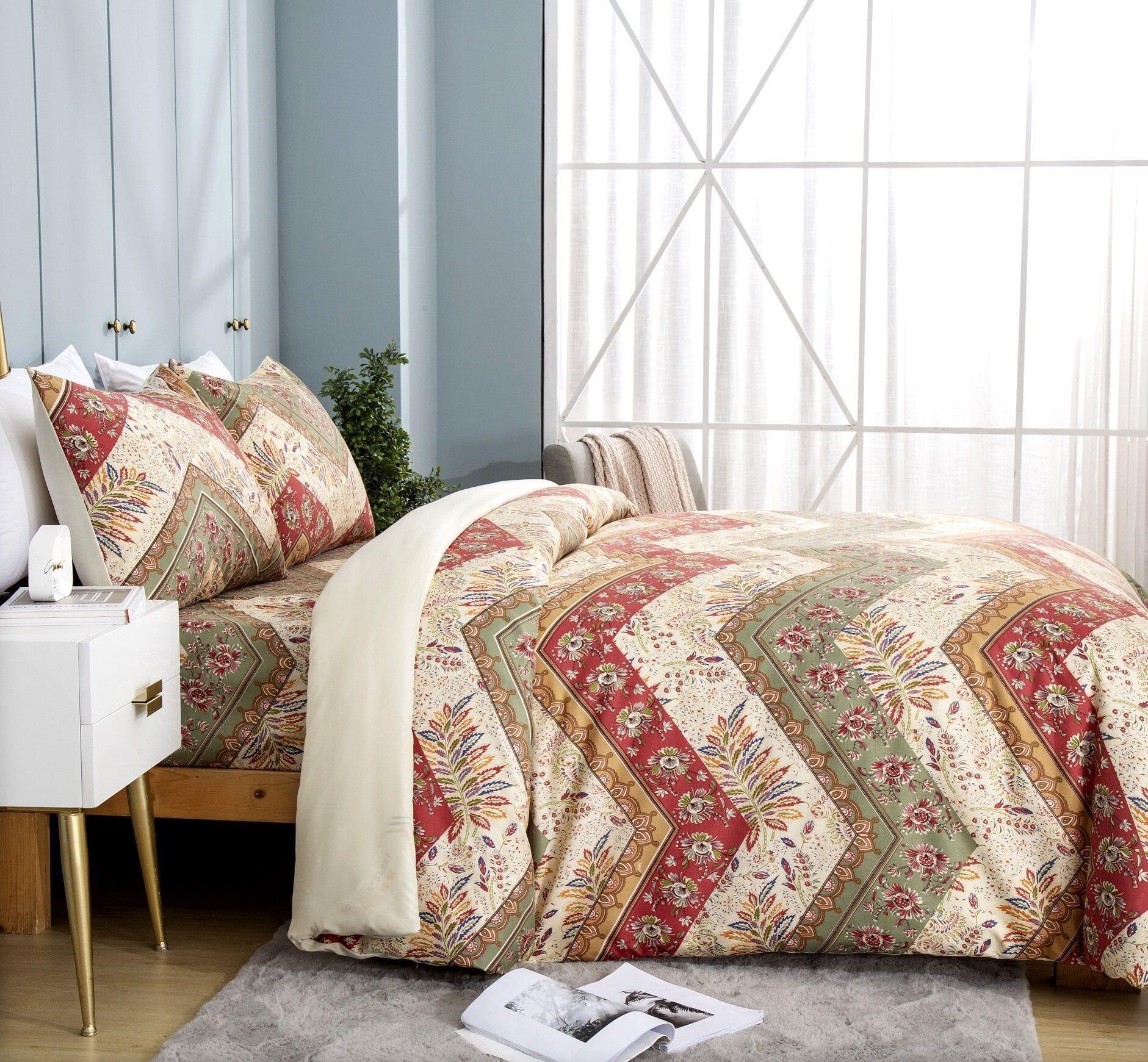 DaDa Bedding Botanical Cranberry Sage Chevron Floral Duvet Cover Set w/ Pillow Cases (JHW-924) DaDalogy Bedding Collection