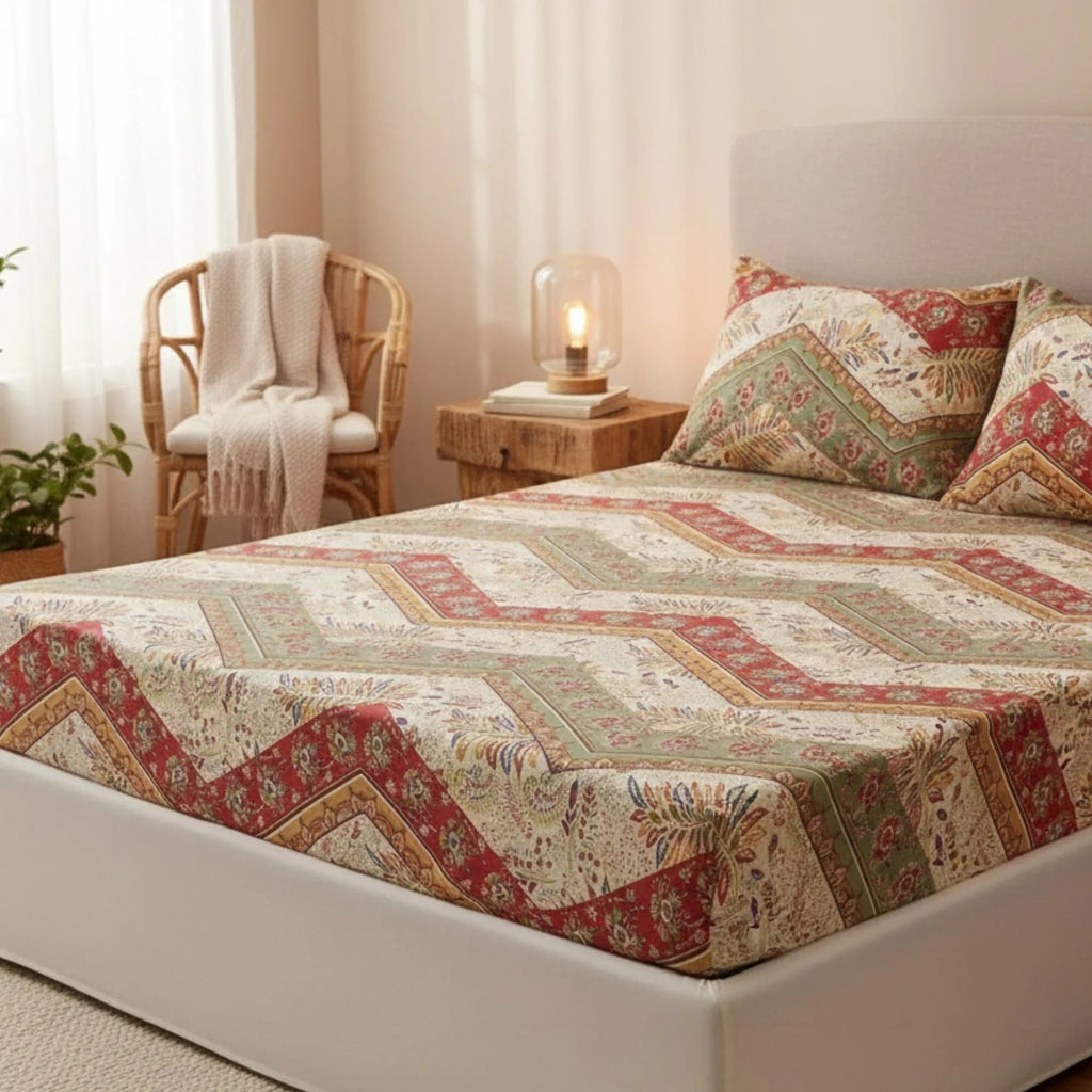 DaDa Bedding Botanical Cranberry Sage Chevron Floral Fitted Bed Sheet w/ Pillow Cases (JHW-924-Fitted) DaDalogy Bedding Collection
