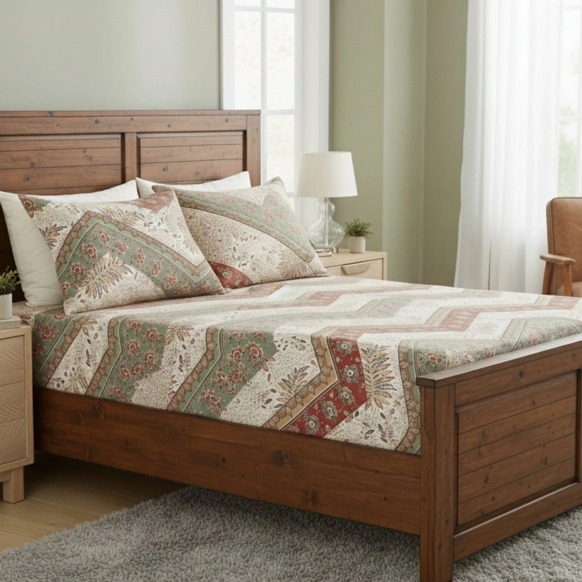 DaDa Bedding Botanical Cranberry Sage Chevron Floral Fitted Bed Sheet w/ Pillow Cases (JHW-924-Fitted) DaDalogy Bedding Collection
