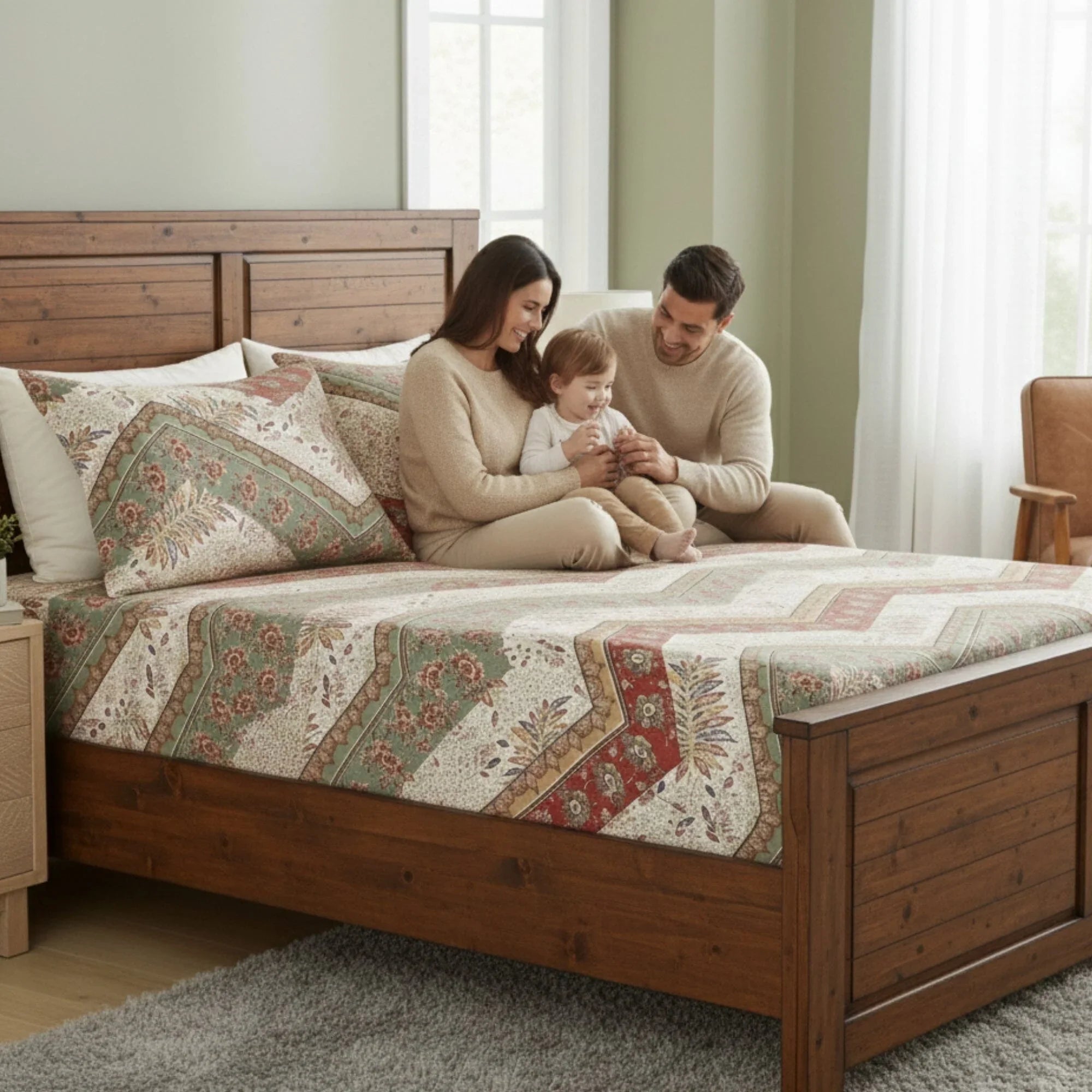 DaDa Bedding Botanical Cranberry Sage Chevron Floral Fitted Bed Sheet w/ Pillow Cases (JHW-924-Fitted) DaDalogy Bedding Collection
