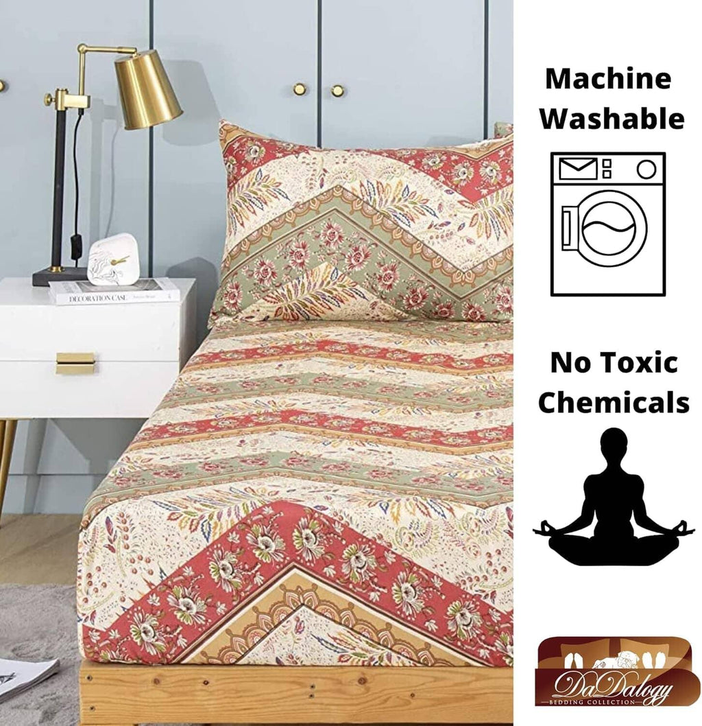 DaDa Bedding Botanical Cranberry Sage Chevron Floral Fitted Bed Sheet w/ Pillow Cases (JHW-924-Fitted) DaDalogy Bedding Collection