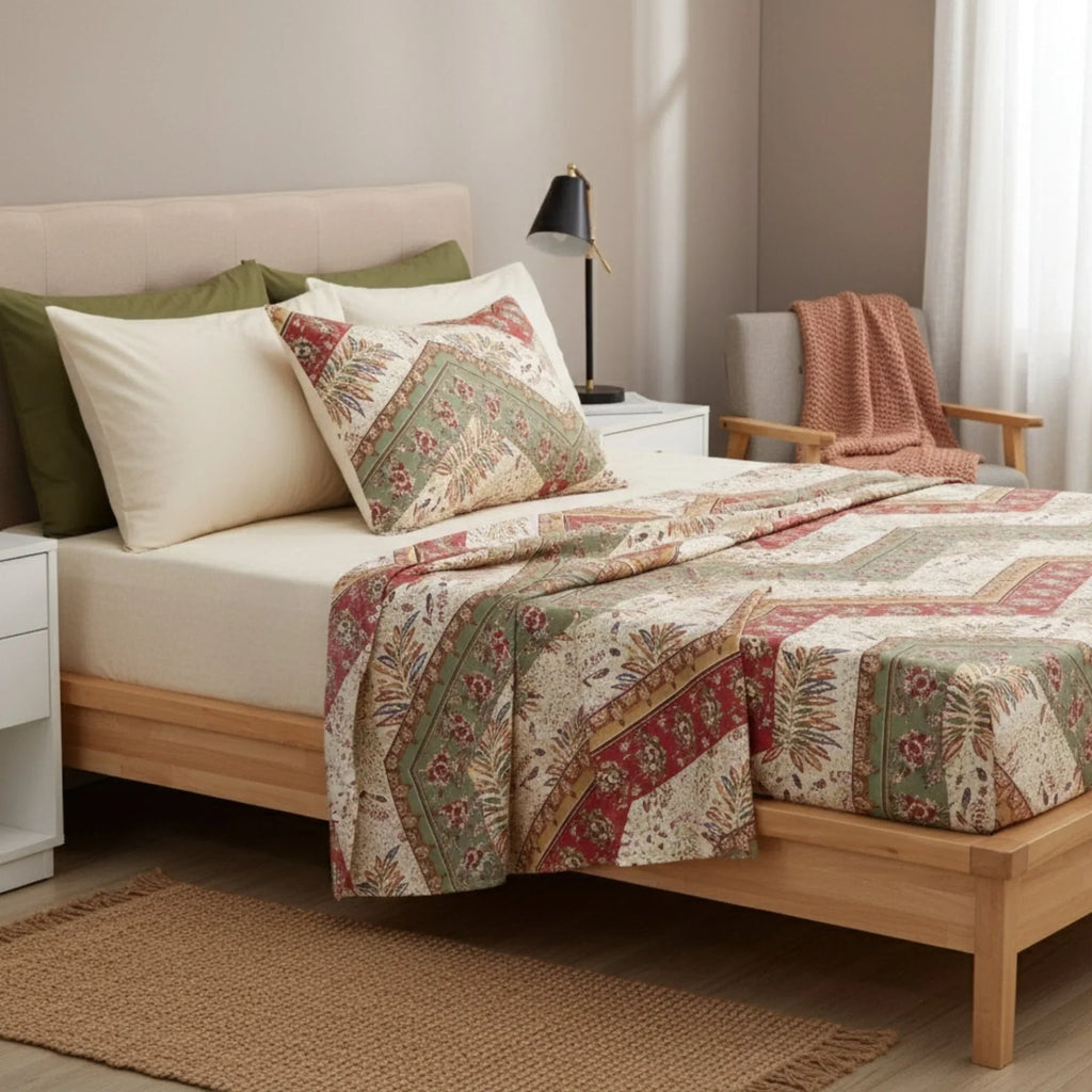 DaDa Bedding Botanical Cranberry Sage Chevron Floral Flat Bed Sheet w/ Pillowcases (JHW-924-Flat) DaDalogy Bedding Collection