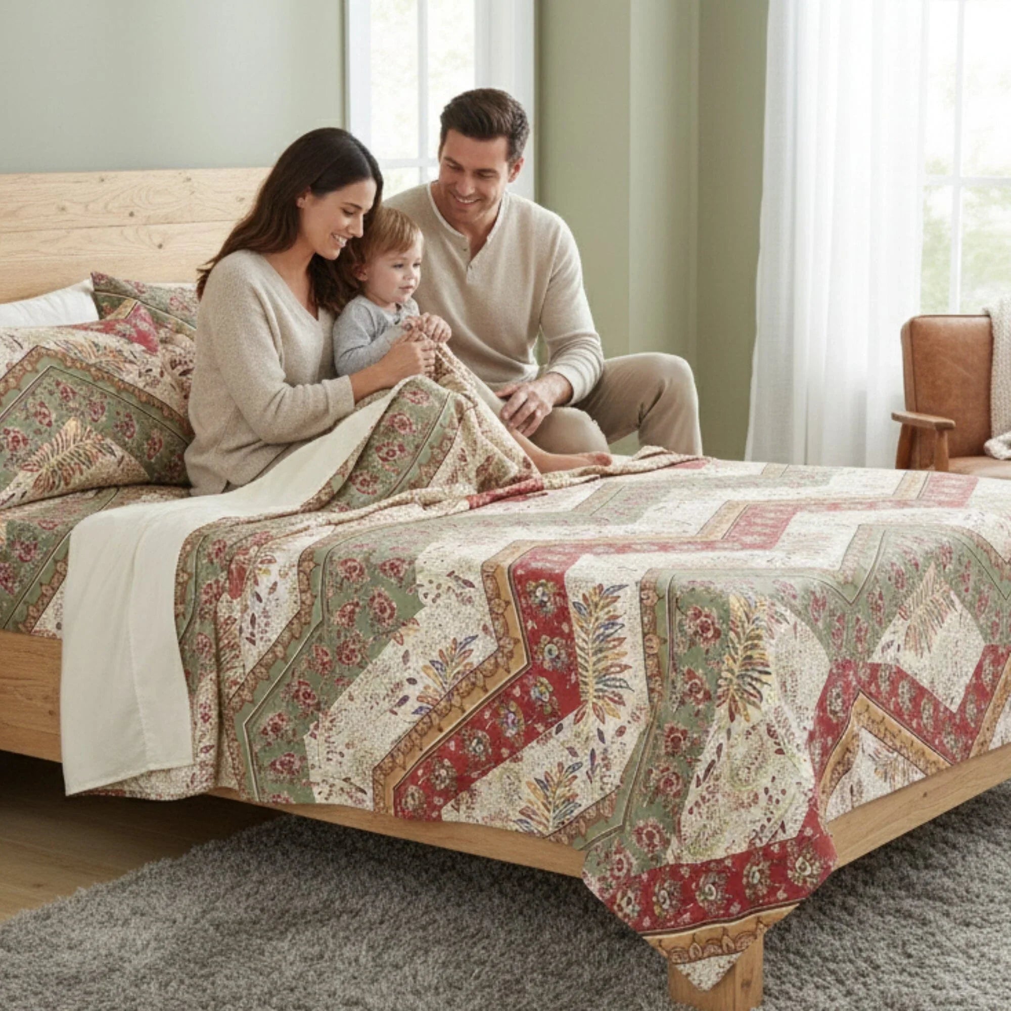 DaDa Bedding Botanical Cranberry Sage Chevron Floral Flat Bed Sheet w/ Pillowcases (JHW-924-Flat) DaDalogy Bedding Collection