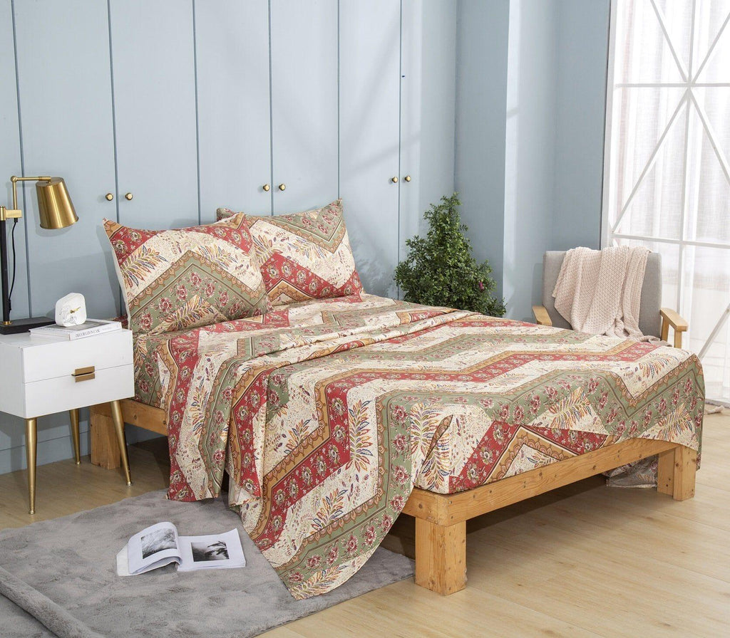 DaDa Bedding Botanical Cranberry Sage Chevron Floral Flat Bed Sheet w/ Pillowcases (JHW-924-Flat) DaDalogy Bedding Collection