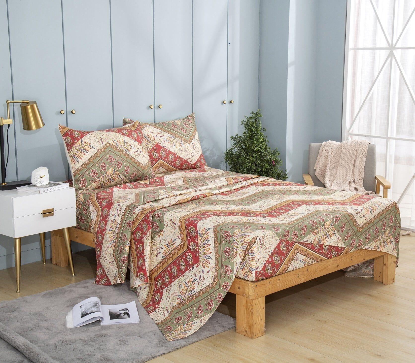 DaDa Bedding Botanical Cranberry Sage Chevron Floral Flat Bed Sheet w/ Pillowcases (JHW-924-Flat) DaDalogy Bedding Collection