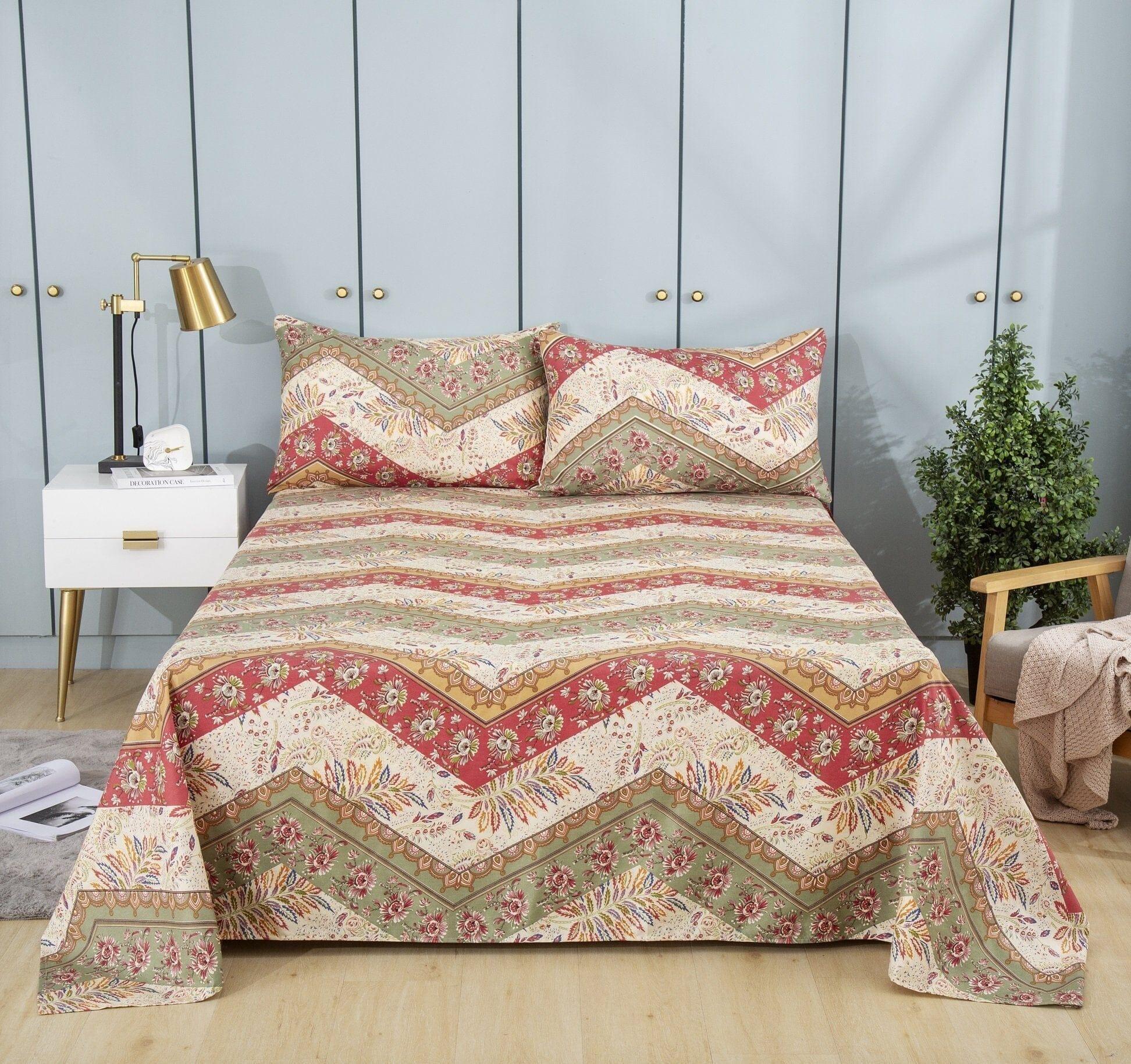 DaDa Bedding Botanical Cranberry Sage Chevron Floral Flat Bed Sheet w/ Pillowcases (JHW-924-Flat) DaDalogy Bedding Collection
