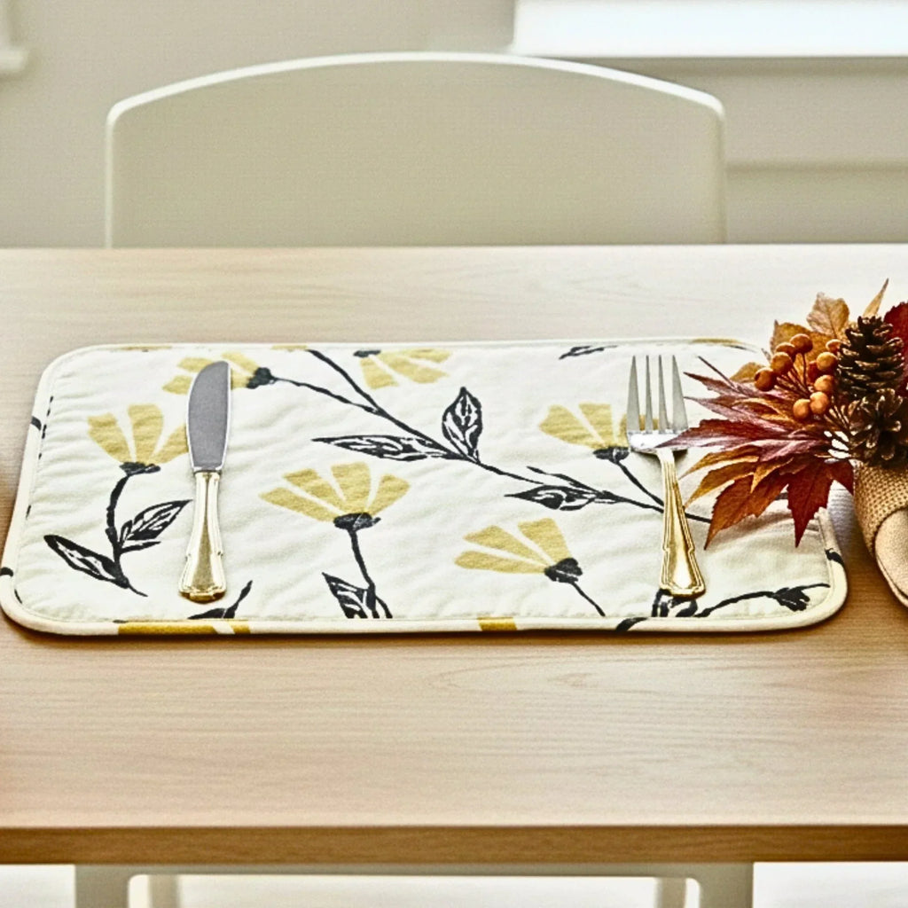 DaDa Bedding Botanical Floral Dining Table Placemats - Set of 4-Pieces Quilted Ivory with Yellow Fleur Golden Orange Spring Time Tulips - 13 x 19