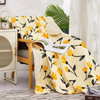DaDa Bedding Botanical Floral Throw Blanket - Quilted Yellow Fleur Golden Orange Spring Time Tulips - Scalloped Edges Bright Vibrant Ivory Cream - 50 x 60 DaDalogy Bedding Collection